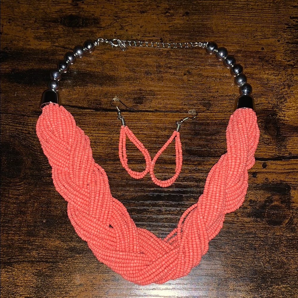 Coral Beaded Necklace and Earring Set